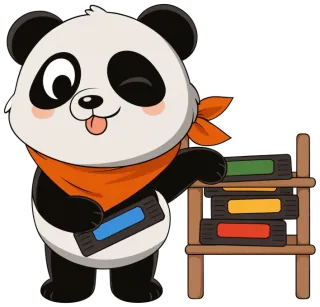 Panda qui range des cassettes vidéo sur une étagère