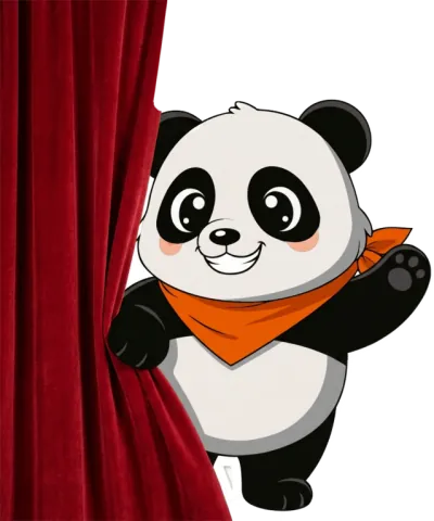 Panda qui écarte un rideau de velours rouge